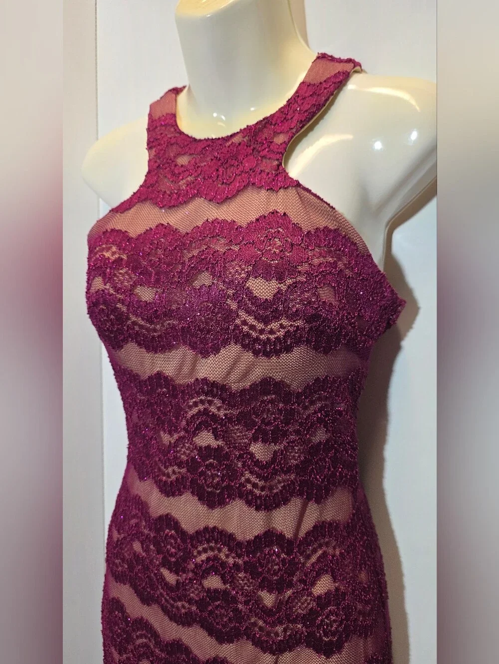 Sheer Lace Halter Chemise - Deep Berry